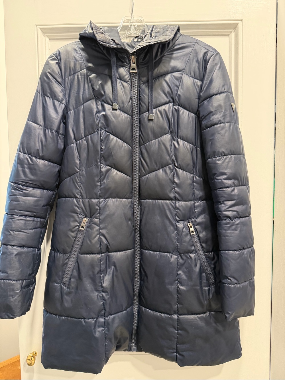 Guess Navy Quilted 3/4 Length Hooded Puffer Jacket - Small